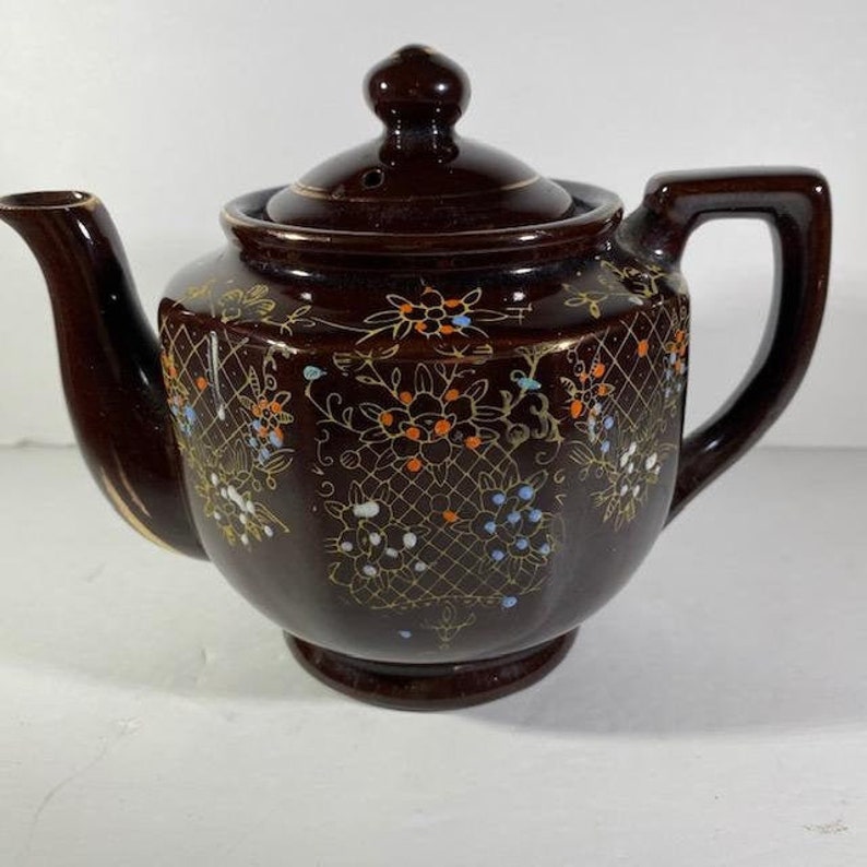 Brown Teapot Japan Redware Hand Paint Pottery Moriage Style Etsy