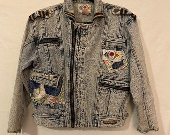 Vintage 80's 90's DON'T STOP Women's Denim Blue Jacket with Patches
