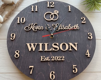Family name clock, 1st anniversary gift, Personalized wooden clock for couple, Wedding anniversary gift for husband and wife