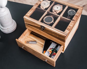 Watch box with drawer, Wood watch box, Watch box for men personalized, Watch case organizer, Mens watch box, Mens valet box, Storage box