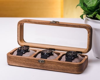 Watch Box with Glass Top & Pillow, Walnut Wood Watch Box, Watch Box, Custom Watch Box, Watch Holder, Personalized Watch Box, Watch Storage