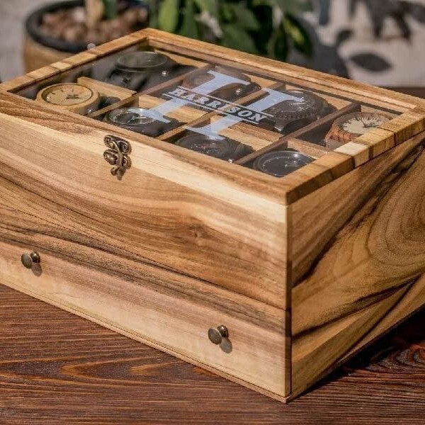 Personalized watch box,Wood box drawer,Wooden watch box,Mens watch box,Watch box,Engraved watch box,Watch box valet,Watch box with drawer