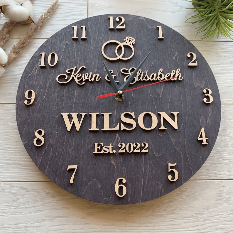 Family name clock, 1st anniversary gift, Personalized wooden clock for couple, Wedding anniversary gift for husband and wife image 1