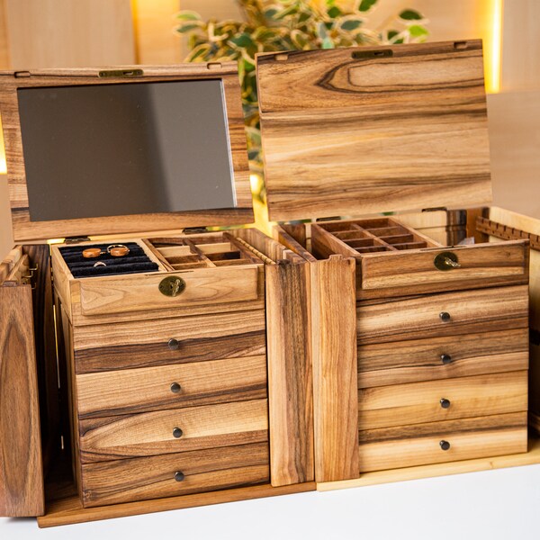 Schmuckkästchen aus Holz, Schmuckkästchen mit Schubladen, Große Schmuckschatulle, Große Schmuckschatulle für Frauen, Großer Schmuck organizer, Schmuck aufbewahrung