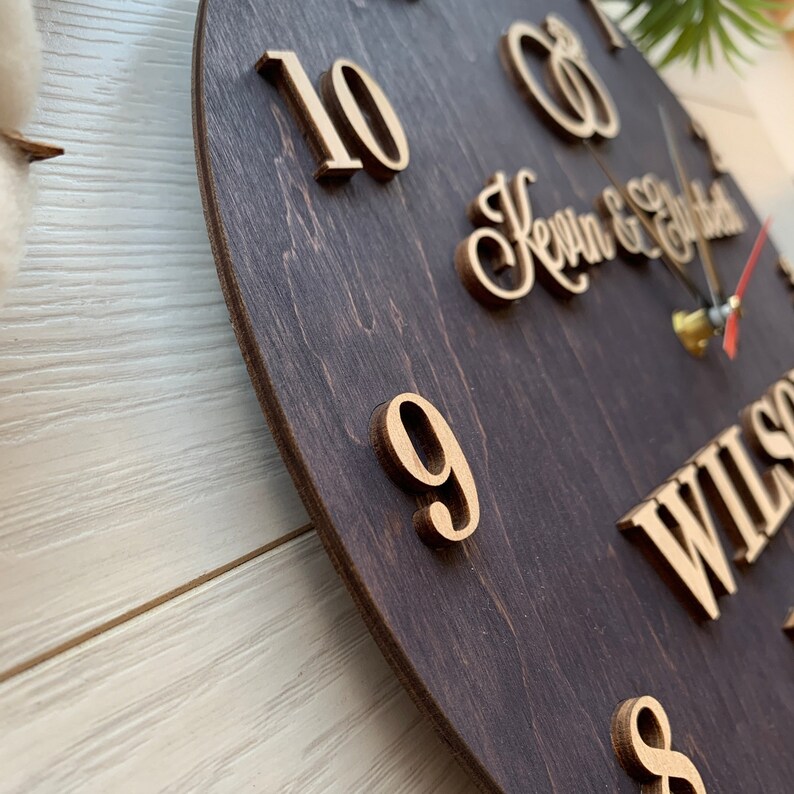 Family name clock, 1st anniversary gift, Personalized wooden clock for couple, Wedding anniversary gift for husband and wife, Anniversary clock, Personalized gift, Modern wall clock, Kitchen wall clock, Wood wall clock, Wooden wall clock, Wall clock