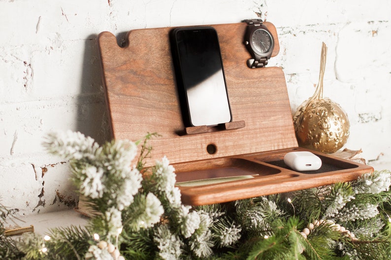 Charging station organizer,Wood docking station,Watch holder,Mens organizer,Personalized docking station,Wooden organizer,Gift for husband image 2