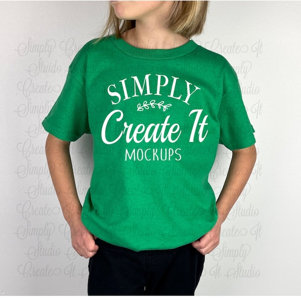 Gildan Youth Irish Green T-Shirt Mockup, Gildan 5000B Youth- Model Mockup, Gildan Green 64000B Mockup, Gildan Green 64000B,5000B Irish Green