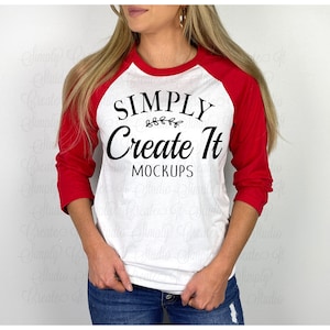 Bella Canvas B3200 White/Red Raglan Mockup, Bella B3200 Model White/Red, 3200 Red Mockup, T-Shirt Mockup, Flat Lay Mockup, Bella Mockup