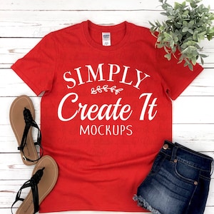 Gildan 64000 Red Mockup, Gildan mockup, Gildan 64000, Red, Red mockup, t-shirt mockup, Flat Lay mockup, Gildan, Red unisex adult shirt