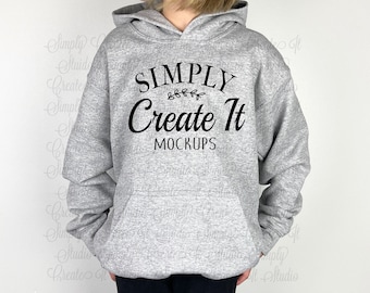 Gildan 18500B Youth Sport Grey Hooded Sweatshirt Mockup, Gildan 18500B Youth Model Mockup,Grey Hoodie Mockup, Gildan Grey 18500B,18500B Grey