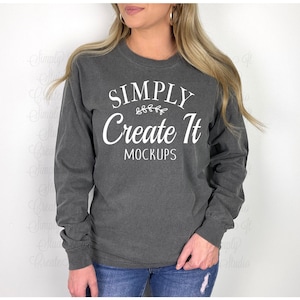 Comfort Colors Pepper Long Sleeve Mockup, C6014 Comfort Colors Mockup, C6014 Long Sleeve Pepper, Model Mockup, Grey Long Sleeve Mockup
