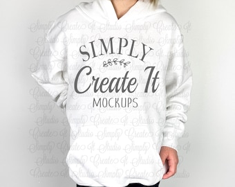 Gildan 18500B Youth White Hooded Sweatshirt Mockup, Gildan 18500B Youth Model Mockup, White Hoodie Mockup,  Gildan White 18500B,18500B White