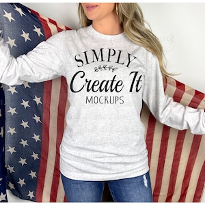 Bella 3501 Ash Partiotic Mockup, Long Sleeve Patriotic Model Mockup, 3501 Ash Mockup, 3510 Ash, 3501 Model Mockup, Bella Long Sleeve Mockup
