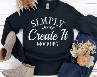 Maqueta de manga larga negra Gildan G2400, maqueta de Gildan, Gildan G2400, maqueta de camiseta negra, maqueta de camiseta, maqueta de Flat Lay, maqueta de Gildan