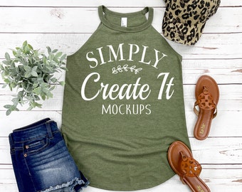 District DT137L Military Green Frost Rocker Tank, DT137L Military Green Frost, Military Green Rocker Tank, Rocker Tank Mockup, Flat Lay