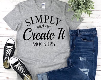 Gildan 64000 Sport Grey Mockup, Gildan 64000, Sport Grey, T-Shirt Mockup, Flat Lay Mockup, Gildan , Grey Sport Grey Mockup