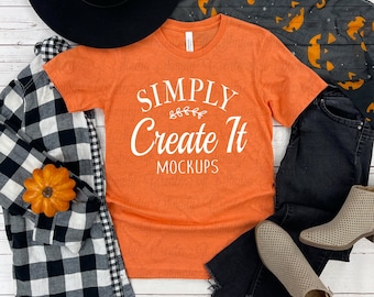Bella 3001 Heather Orange Fall Mockup, Bella 3001 Heather Orange, Maqueta Heather Orange, Flat Lay Mockup, Bella Mockup, Bella Heather Orange