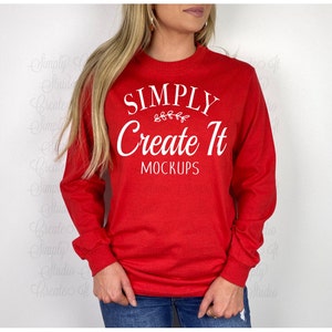 Gildan G2400 Red Long Sleeve Mockup, Gildan 2400 Model Mockup, Gildan G2400, Red T-Shirt Mockup, Mockup, Flat Lay Mockup, Gildan 2400 Mockup