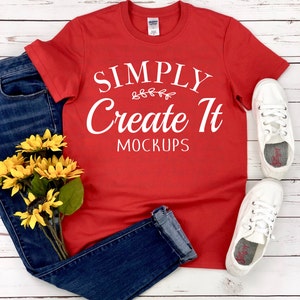 Gildan 64000 Red Mockup, 64000 Red Mockup, Teacher Mockup, Flat Lay Mockup, Gildan, 64000 Red, Spring Mockup, Gildan Red, Sunflower