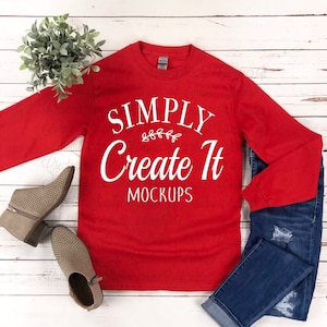 Gildan G2400 Red Long Sleeve Mockup, Gildan mockup, Gildan G2400, Red T-shirt mockup, t-shirt mockup, Flat Lay mockup, Gildan mockup