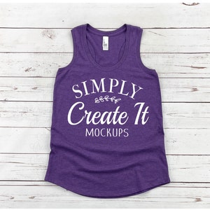 May include: Purple tank top with the text "SIMPLY Create It MOCKUPS" printed on the front.