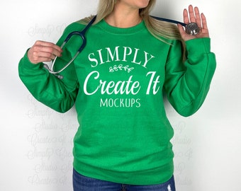 Gildan 18000 Irish Green Model Nurse Mockup, Gildan 18000 Model Mockup, Green Sweatshirt Mockup, Gildan Green 18000, 18000 Irish Green