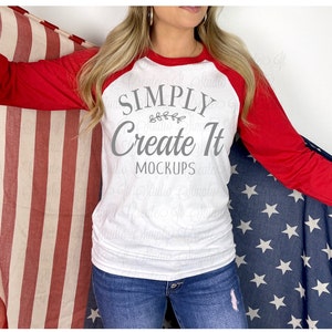 Bella Canvas B3200 White/Red Raglan Patriotic Mockup, Bella B3200 Model White/Red, 3200 Red Mockup, T-Shirt Mockup, Flat Lay, Mockup