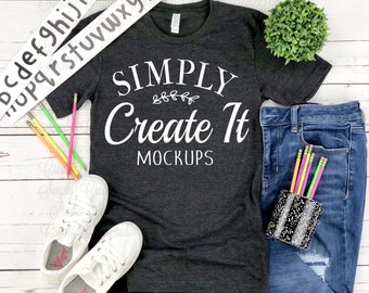 Bella Canvas 3001 Dark Heather Grey Mockup, Teacher Mockup, 3001 Grey t-shirt mockup, Flat Lay mockup, Bella Mockup, Grey unisex adult shirt