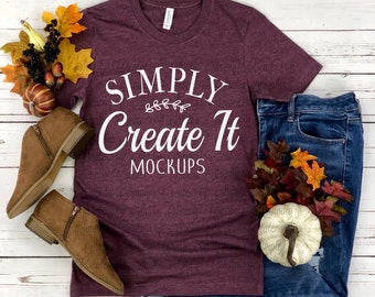 Bella Canvas 3001CVC Heather Maroon Fall mockup, Bella 3001 Heather Maroon, Heather maroon, t-shirt mockup, Flat Lay mockup, Bella Mockup