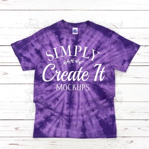 May include: Purple tie-dye t-shirt with the text "SIMPLY Create It MOCKUPS" in white.