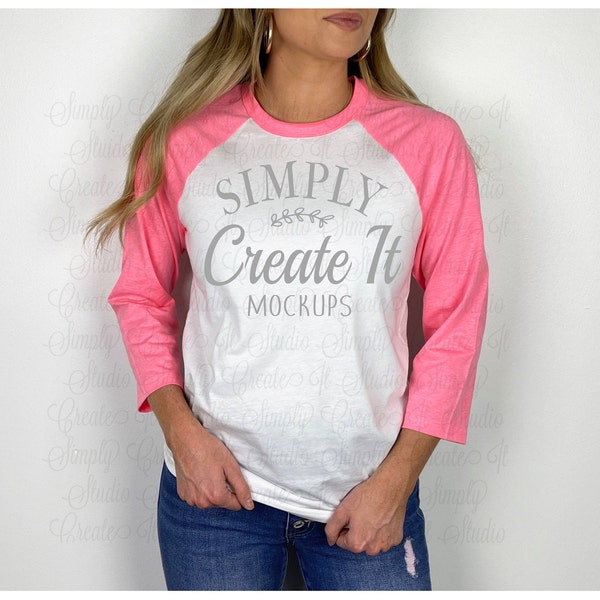 Bella B3200 White/Neon Pink Raglan Mockup, Bella B3200 Model White/Neon Pink, 3200 White/Pink Mockup, T-Shirt Mockup, Flat Lay Mockup