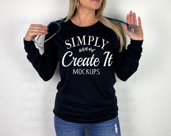 Bella 3501/3513 Black Nurse Mockup, Long Sleeve Model Mockup, 3501 Black Mockup, 3513 Black,Solid Black Mockup, Model Mockup, Bella Mockup