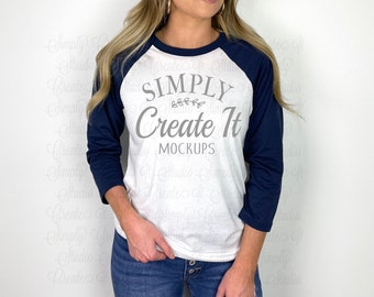 Bella Canvas B3200 White/Navy Raglan Mockup, Bella B3200 Model White/Blue, 3200 White Navy Mockup, T-Shirt Mockup, Flat Lay Mockup