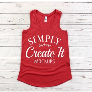 May include: Red racerback tank top with the text "SIMPLY Create It MOCKUPS" in white.