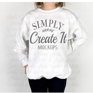 Gildan 18000B Youth White Sweatshirt Mockup, Gildan 18000B Youth- Model Mockup, White 18000B Mockup, Gildan White 18000B, 18000B White