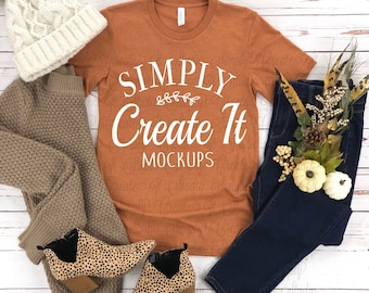 Maqueta de Bella Canvas, Bella 3001 Heather Autumn, Heather Autumn, maqueta, flat lay mockup, bella mockup, heather autumn unisex adult shirt
