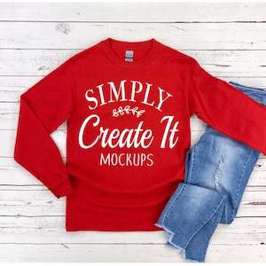 Gildan G2400 Red Long Sleeve Mockup, Gildan mockup, Gildan G2400, Red T-shirt mockup, t-shirt mockup, Flat Lay mockup, Gildan mockup
