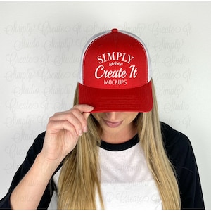 Red White Trucker Hat Model Mockup, 6606 Red White Trucker Hat Mockup, Red Cap Mockup, 6606 Trucker Hat Mockup, Baseball Cap Mockup, Mockup