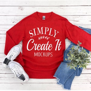 Gildan G2400 Red Long Sleeve Mockup, Gildan Mockup, Gildan G2400, Red T-Shirt Mockup, T-Shirt Mockup, Flat Lay Mockup, Gildan 2400 Mockup