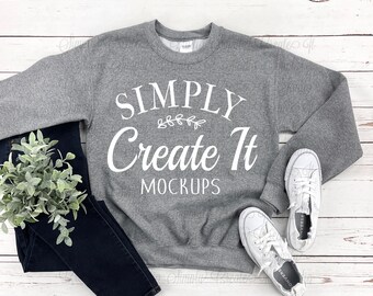 Gildan 18000 Graphite Heather mockup, Gildan 18000, Graphite Heather, sweatshirt mockup, Flat Lay mockup, Gildan , Graphite Heather
