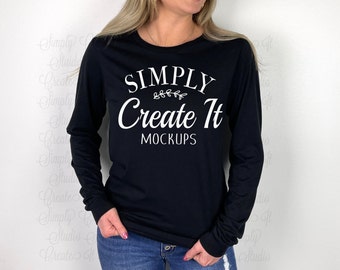 Bella 3501/3513 Black Mockup, Long Sleeve Model Mockup, 3501 Black Mockup, 3513 Black, Solid Black Mockup, Model Mockup, 3501 Bella Mockup