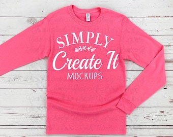 Jerzee 29LS Neon Pink Long Sleeve Mockup, 29LS Pink, Jerzee 29LS, Pink T-shirt Mockup, T-Shirt Mockup, Flat Lay Mockup, Jerzee Mockup