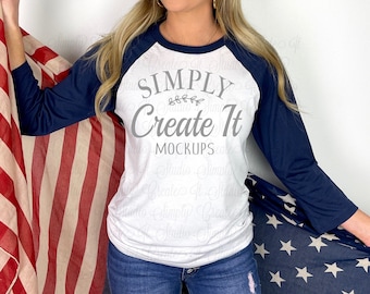 Bella Canvas B3200 White/Navy Raglan Mockup, Flag Mockup, Bella B3200 Model White/Blue, 3200 White Navy Mockup, T-Shirt Mockup, Flat Lay