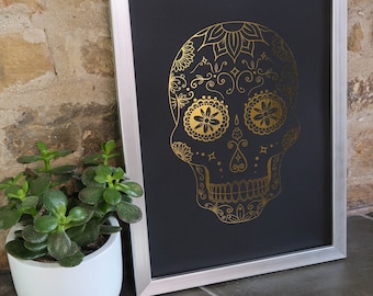 Impression Calavera Tête de mort Mexicaine - tête de mort fleurie - Dessin - effet métallisé - Doré - Argenté - Foil Prints - Fait main