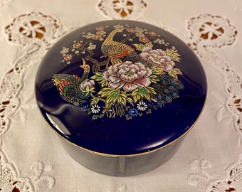 Vintage Cobalt Blue Chinoiserie Trinket/Jewelry Dish with Peacock and Gold Embellishment