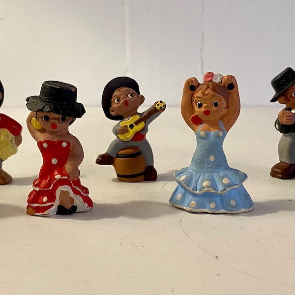 Lot of 7 Miniature 2” Mud Clay Dolls Toys from Mexico Flamenco Dancers Musicians