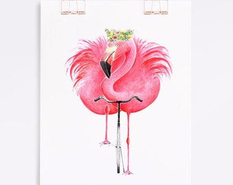 Flamingo on Bicycle Art, Flamingo Decor, Girly Wall Art