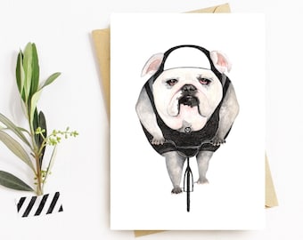 Bulldog on bike postcard, dog watercolor art print, animal on bike illustration, gift for cyclist
