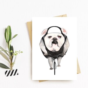 Bulldogge auf Fahrrad Postkarte, Hund Aquarell Kunstdruck, Tier auf Fahrrad Illustration, Geschenk für Radfahrer