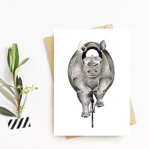 Nashorn auf Fahrrad Postkarte, Nashorn Illustration Kunstdruck, Nashorn Sport Grußkarte, Geschenk für Radfahrer